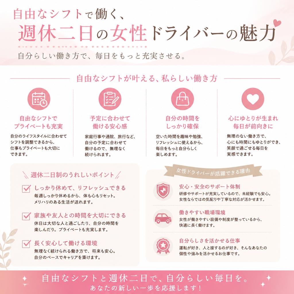 自由なシフトで働く、週休二日の女性ドライバーの魅力